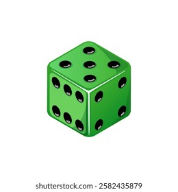 Game dice, green dice with the number five side coming up. Dice cube icon isolated on white background.
