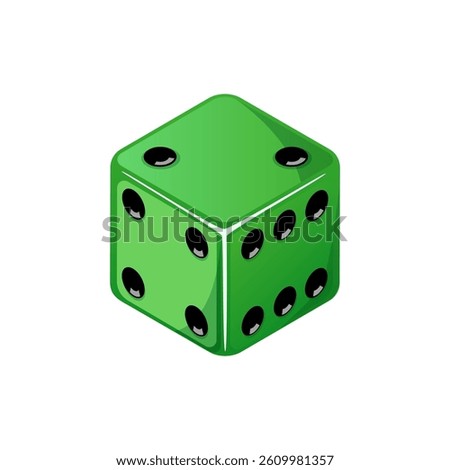 Game dice, green dice with the number two side coming up. Dice cube icon isolated on white background.