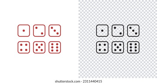 Icono de dados de juego.Juego de dados monocromos. Dice en un diseño plano y lineal de uno a seis. conjunto de dados rojos y negros que rompen aislados en un fondo transparente. Ilustración del vector