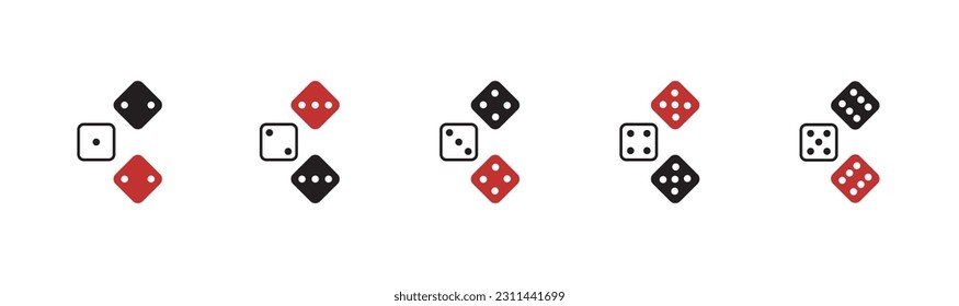 Game dice icon.Set of monochrome dice. Dice in a flat and linear design from one to six. rolling red and black dice set isolated on a white background. Vector illustration