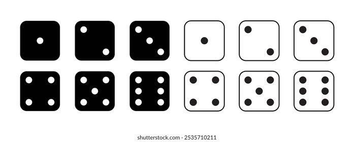 Game dice Icon with side of cube from one to six number. Set of black icon sided for gamble. Dot on cube of casino. Vector illustration