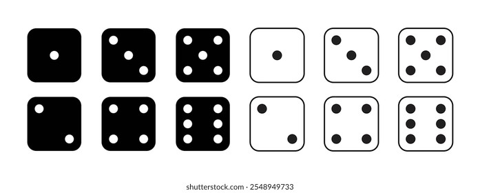 Ícone de dados do jogo com o lado do cubo de um a seis números. Conjunto de ícone preto lado para jogar. Ponto no cubo do cassino. Ilustração vetorial