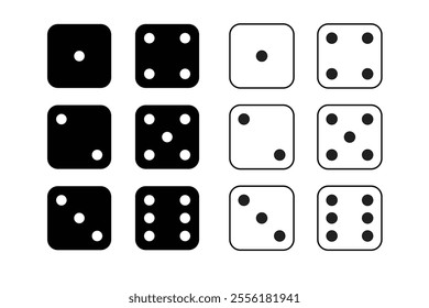 Game dice Icon with side of cube from one to six number. Set of black icon sided for gamble. Dot on cube of casino. Vector illustration