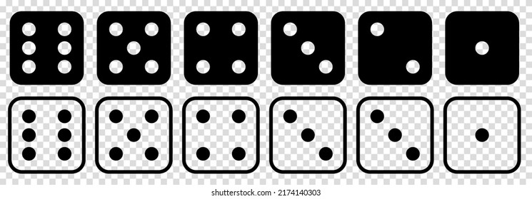 Game dice icons. Collection in flat and linear design from one to six. Vector illustration isolated on transparent background