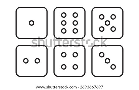 Game dice icons. Set of six dice faces showing numbers one to six. Dice game flat vector. Dot on cube of casino. Vector illustration.