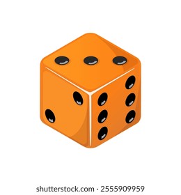 Game dice, orange dice with the number three side coming up. Dice cube icon isolated on white background.