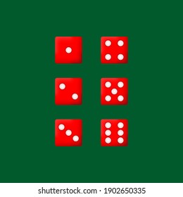 Game dice, red cartoon icon set on green background, vector illustration.