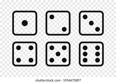 Game dice set isolated on transparent background. Set of dice in linear design from one to six. Traditional game die with marked with different numbers of dots or pips from 1 to 6. Vector illustration