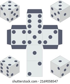 Los dados del juego. Juego de dados de juego, aislados en fondo blanco. Dice en un diseño plano y lineal de uno a seis. Ilustración del vector