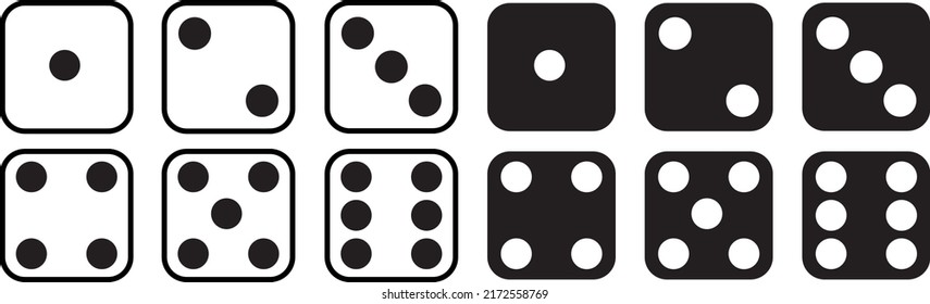 Game dice set isolated on white background. Set of dice in flat and linear design from one to six. Traditional game die with marked with different numbers of dots or pips from 1 to 6. Vector