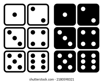 Game dice set isolated on white background. Set of dice in flat and linear design from one to six. Traditional game die with marked with different numbers of dots or pips from 1 to 6. Vector