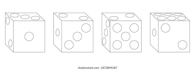 Juego de dados. Juego de dados de juego, aislado sobre fondo blanco. Dice en un diseño plano y lineal de uno a seis. Ilustración vectorial.