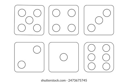 Juego de dados. Juego de dados de juego, aislado sobre fondo blanco. Dice en un diseño plano y lineal de uno a seis. Ilustración vectorial. Eps10. Juego de dados.