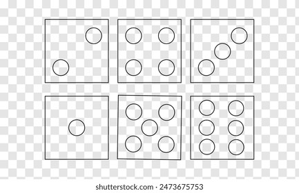 Juego de dados. Juego de dados de juego, aislado sobre fondo blanco. Dice en un diseño plano y lineal de uno a seis. Ilustración vectorial. Eps10. Juego de dados.