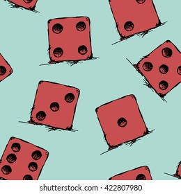 Game dice set. Luck, success. Red devil bones. Hand drawn vector stock illustration. Seamless background pattern