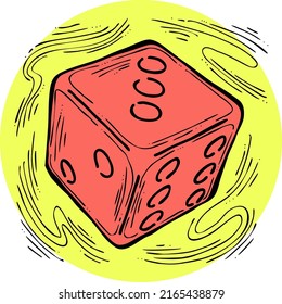 Game dice to try your luck, fortune. Risky funny activity, casino, bet, gambling, addiction, win or lose. Hand drawing retro vintage colorful vector illustration. Old style comic cartoon line drawing.