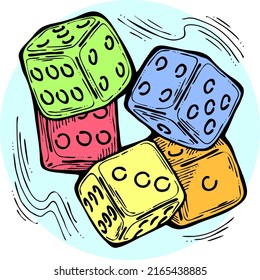 Spielwürfel, um Ihr Glück zu versuchen, Glück. Riskante lustige Aktivität, Casino, Wetten, Glücksspiel, Sucht, gewinnen oder verlieren. Handzeichnung Retro Vintage bunte Vektorgrafik. Comic-Zeichenkette im alten Stil.