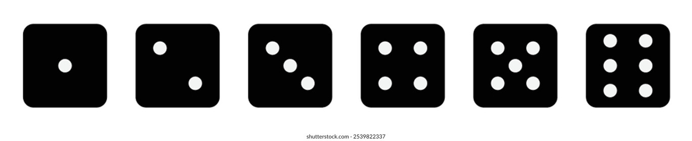 Game dice vector icon set. game symbol. Dice game vector icon set in black and white color isolated on white background. Dice in a flat design from one to six. Vector illustration.