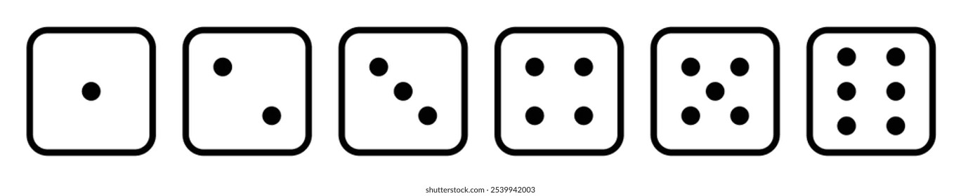 Game dice vector icon set outline style. game dice sign symbol. Dice game vector icon set in black color isolated on white background. Dice in a flat design from one to six. Vector illustration.