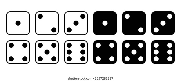 Game dice vector icon set. Dice for board games, gambling, and random number generation. Black outline silhouette isolated on white background.