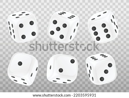 Game dice white craps templates collection, realistic vector illustration isolated on transparent background. Casino, gamble and betting dice mockups set.
