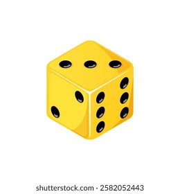 Game dice, yellow dice with the number three side coming up. Dice cube icon isolated on white background.