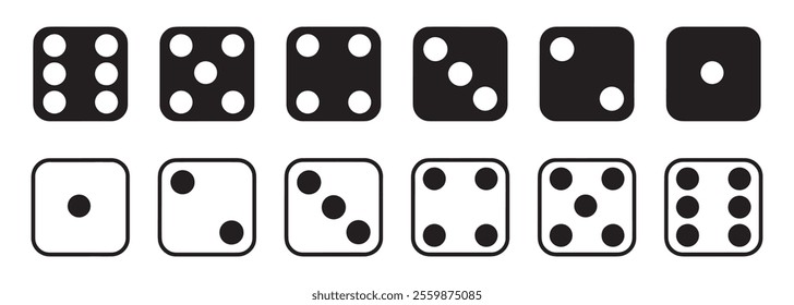 Game dice.Gaming dice icons. Dice from one to six. Dices Vector illustration. Monochrome dices