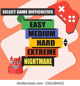 Game difficulties setting option vector illustration design.  A game mode concept element like easy, medium and hard. Can be used for web and mobile development. Suitable for infographic