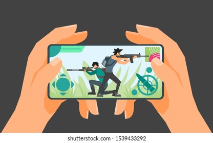 Game Display On Phone Screen Vector Illustration And Design. Young Man Playing Battle Royale Fps Shooting Game On Smartphone. Can Be Used For Web, Mobile, And Print. Suitable For Infographic