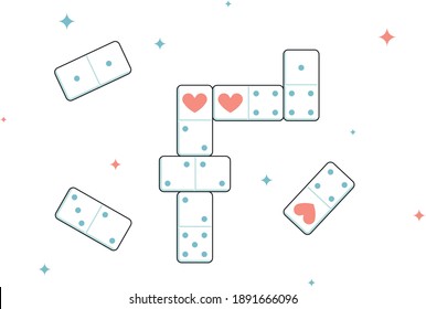 A game of dominoes with hearts and magic lights, in red and blue colors, in flat design.