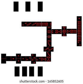 A game of dominoes nearly completed on a white background