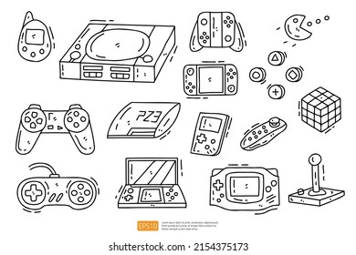 Game doodle icon illustration set. Hand drawing of Game Console Gadget