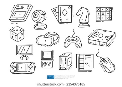 Game doodle icon illustration set. Hand drawing of Game Console Gadget