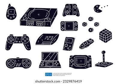 Game doodle icon illustration set. Hand drawing of Game Console Gadget
