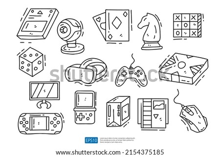 Game doodle icon illustration set. Hand drawing of Game Console Gadget