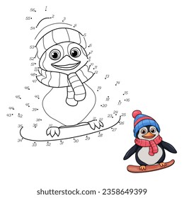 Game "Dot to dot". Draw a line. A penguin in a hat and scarf rides a snowboard. For children. worksheet. Coloring book. cartoon characters.