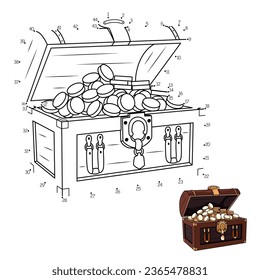 Game "Dot to dot". Draw a line. Pirate chest with gold coins. For children. worksheet. Coloring book.