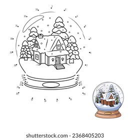 Juego "Punto a punto". Dibujar una línea. Globe de nieve. Para los niños. libro de coloreado de hoja de cálculo.