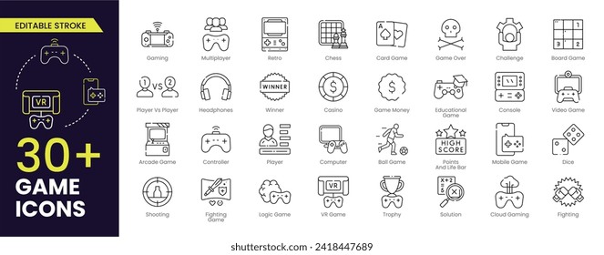 Game Editable Stroke icon set. Gaming icon elements containing points and life bars, VR Games, Cloud Gaming, console, player, chess, multiplayer, casino and mobile game icons. Stroke icon collection.