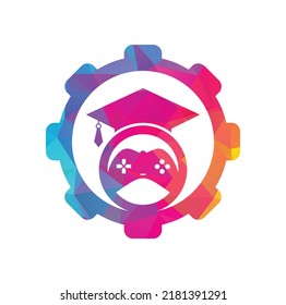 Game education gear shape concept vector logo design. Game console with graduation cap icon design.