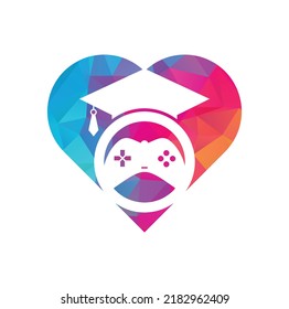 Diseño del logo vectorial de la forma del corazón de la educación de juegos. Consola de juego con diseño de icono de tapón de graduación.