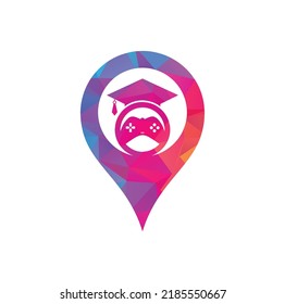 Game education map pin shape concept vector logo design. Game console with graduation cap icon design.