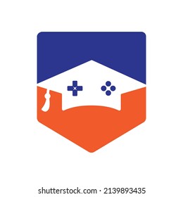 Game education vector logo design. Game console with graduation cap icon design.	