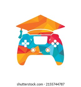 Diseño del logotipo vectorial de educación para juegos. Consola de juego con diseño de icono de tapón de graduación.	
