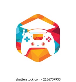 Diseño del logotipo vectorial de educación para juegos. Consola de juego con diseño de icono de tapón de graduación.	
