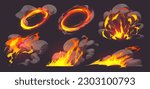 Game effect of fire, flame animation with smoke clouds. Comic blast, bomb explosion, magic burst with yellow fire splashes and smoke, vector cartoon illustration