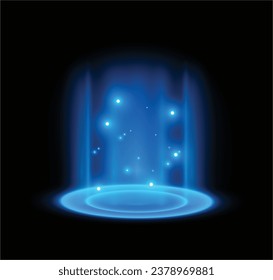 Game effect of opening portal in neon blue light beams, realistic vector illustration isolated on transparent background. Game teleport hologram portal 3D effect.