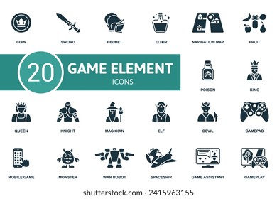 Game element icon set. Creative icons: coin, sword, helmet, elixir, navigation map, fruit, poison, king, queen and more