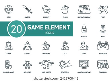 Game element outline icons set. Creative icons: coin, sword, helmet, elixir, navigation map, fruit, poison, king, queen and more