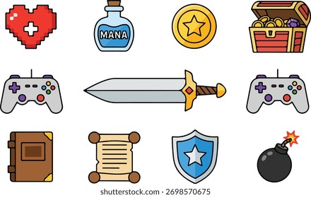 Game Element set of web icons in Flat style. Containing Health Heart, Mana Potion, Gold Coin, Treasure Chest, Sword, Game Controller, Ma